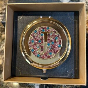 Monet Jewelry Initial Gold Tone Round Compact RhinestoneMirror Compact Initial J